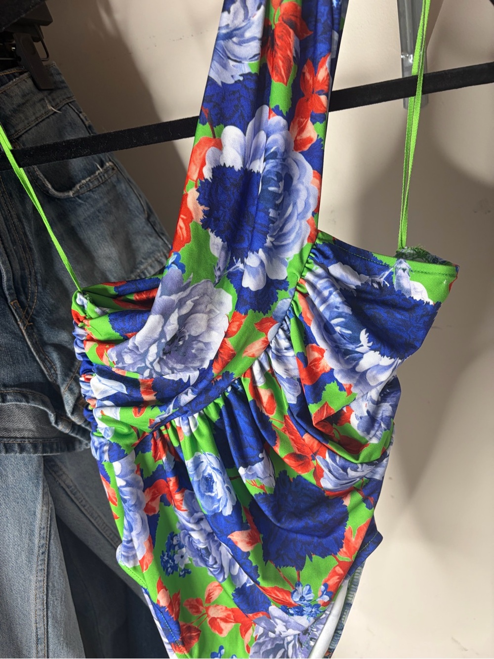 Floral One-Shoulder Green & Blue Women's Top/Bodysuit